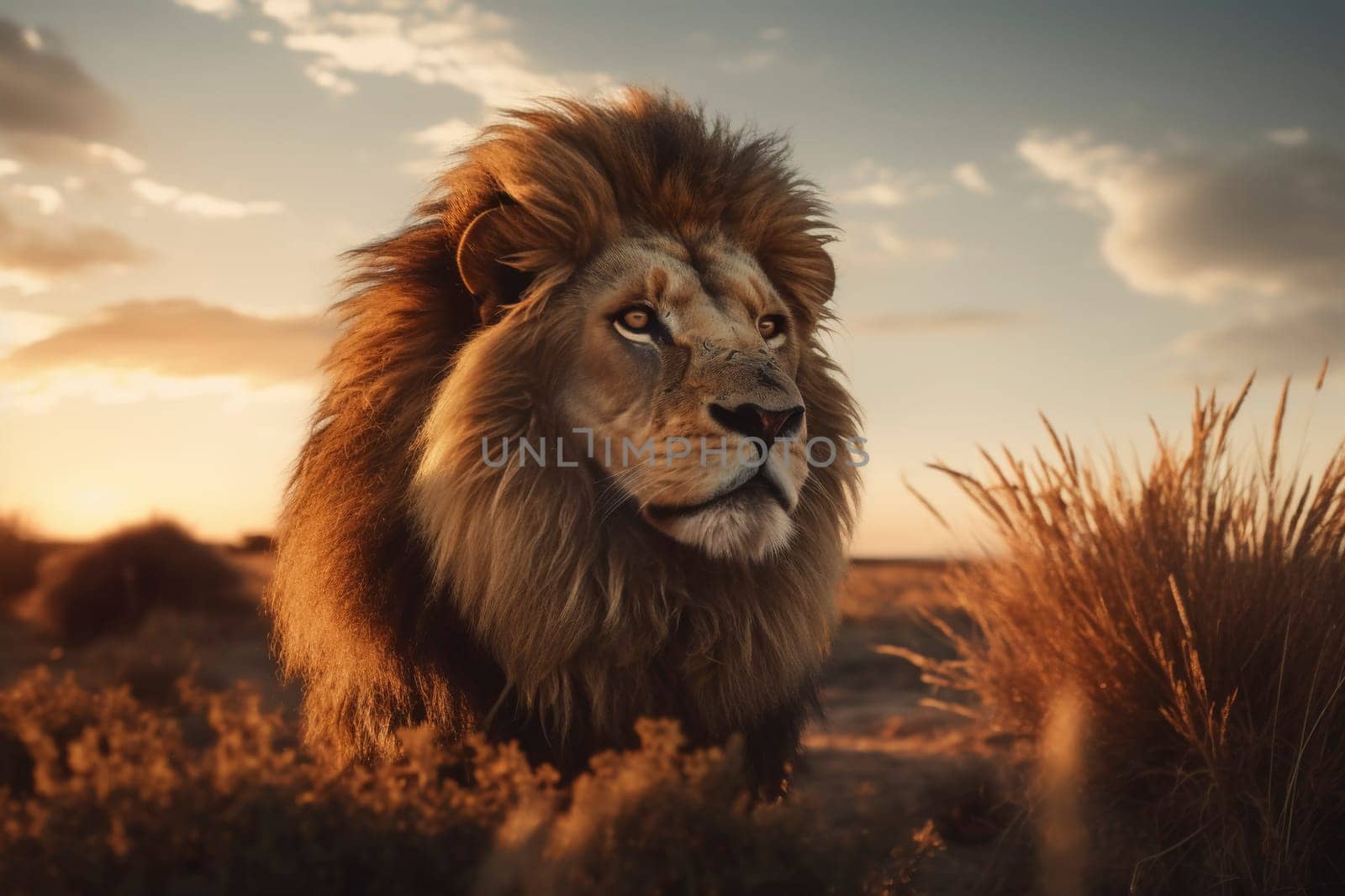 Lion in the wild during golden hour. Wildlife photography. African safari and wildlife conservation concept. Design for poster, banner.