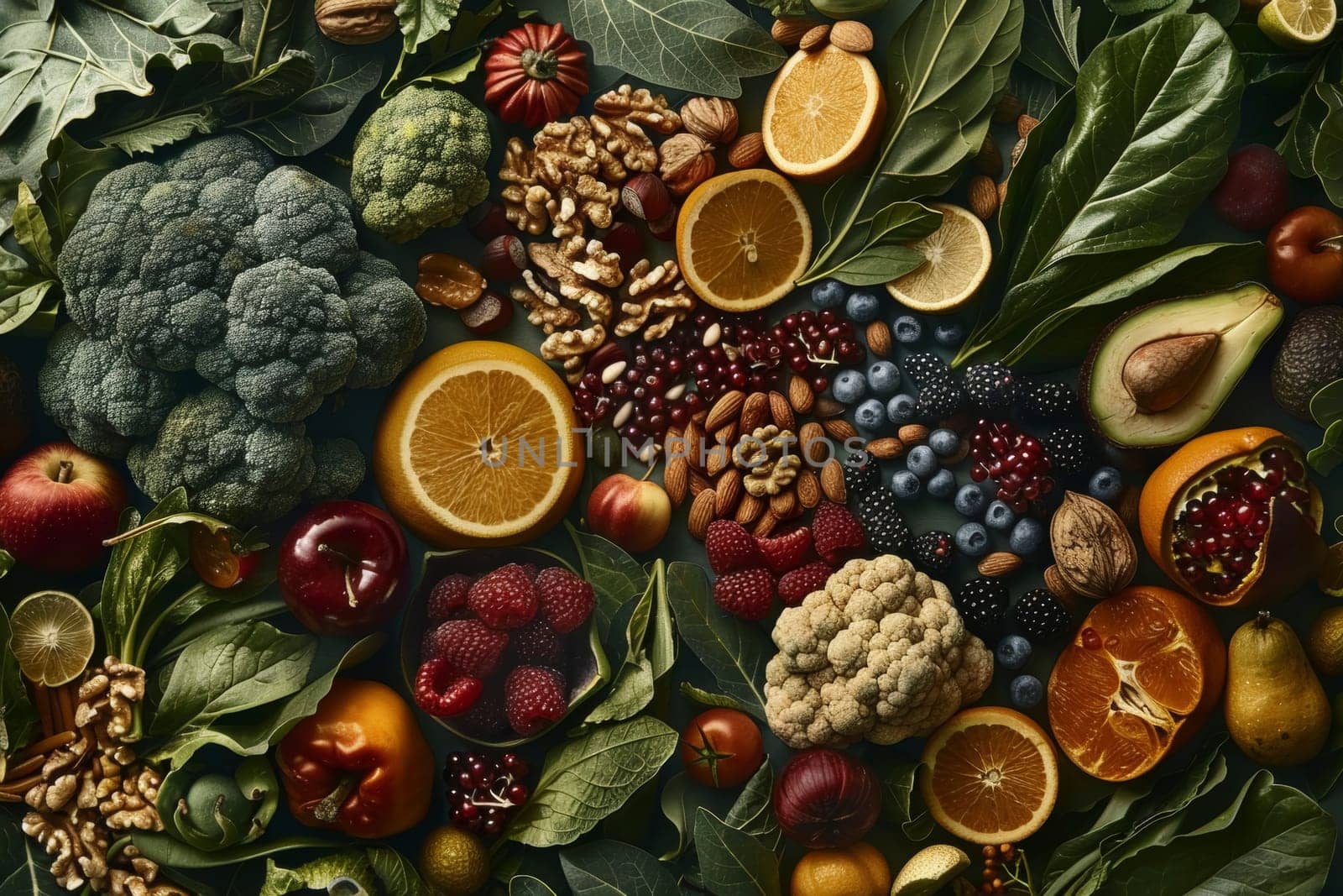 Assortment of fruits and nuts arranged in a brain shape on a dark background, symbolizing healthy brain food with copy space. Concept for nutrition and cognitive health