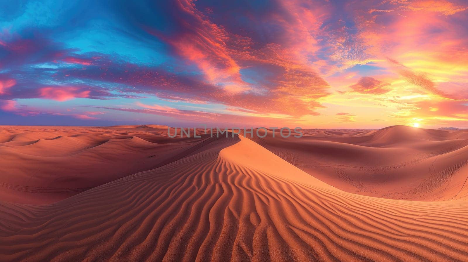 An expansive desert landscape at sunset, vivid colors in the sky, dunes creating patterns, portraying the beauty of wilderness. Resplendent.