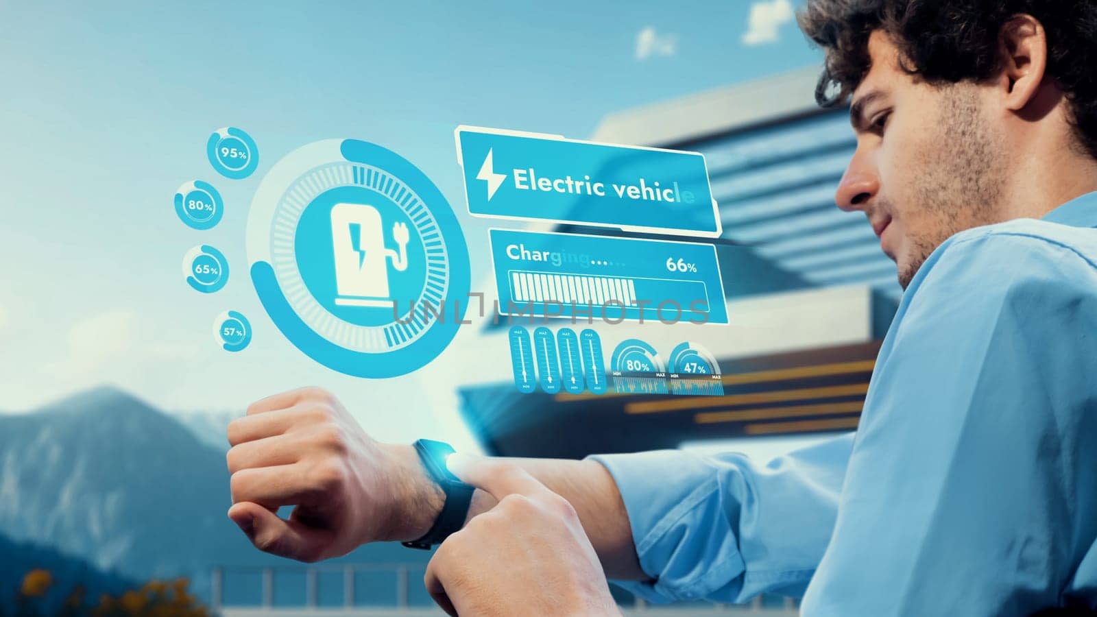 Businessman checking EV car digital battery status in hologram from smartwatch recharging at charging station, vacation and travel using eco-friendly electric car in natural outdoor background. Peruse