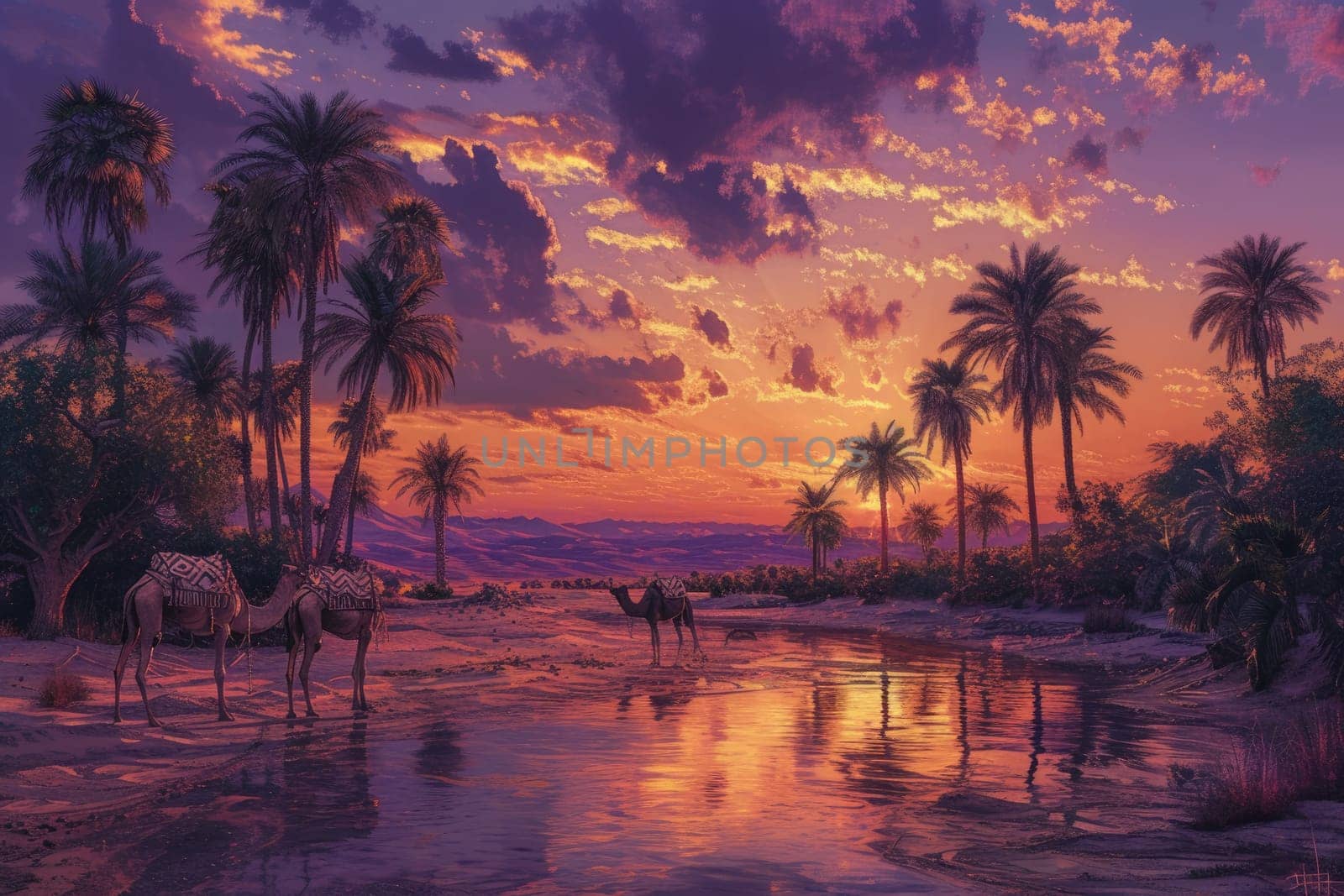 A tranquil oasis scene at sunset with silhouettes of camels and towering palm trees reflected in water. Resplendent.