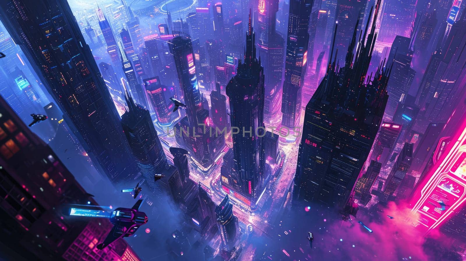 Futuristic city glows with soft hues, complemented by the sleek design of hovering vehicles above the vibrant skyline. Resplendent.