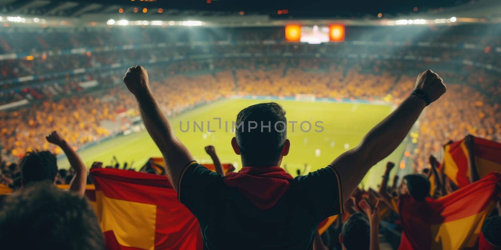 A group of soccer fans at a sports event, standing in a stadium with arms raised in a gesture of leisure and entertainment, engaged in a thrilling football competition. AIG41