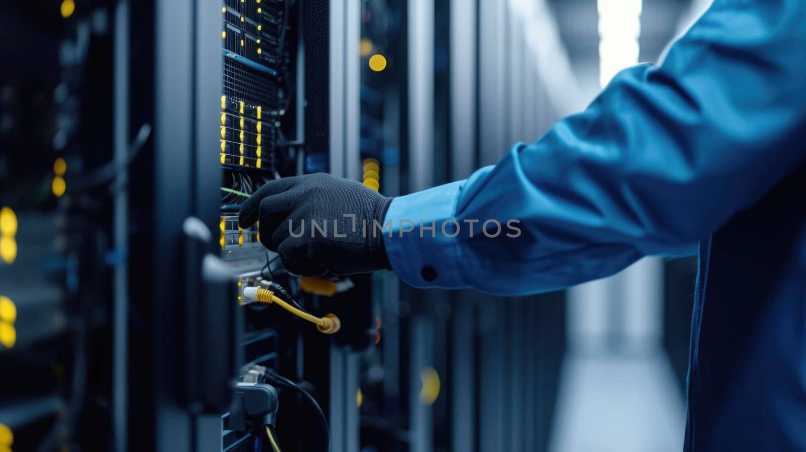 A man operates an electric blue server in a glass data center. AIG41 by biancoblue