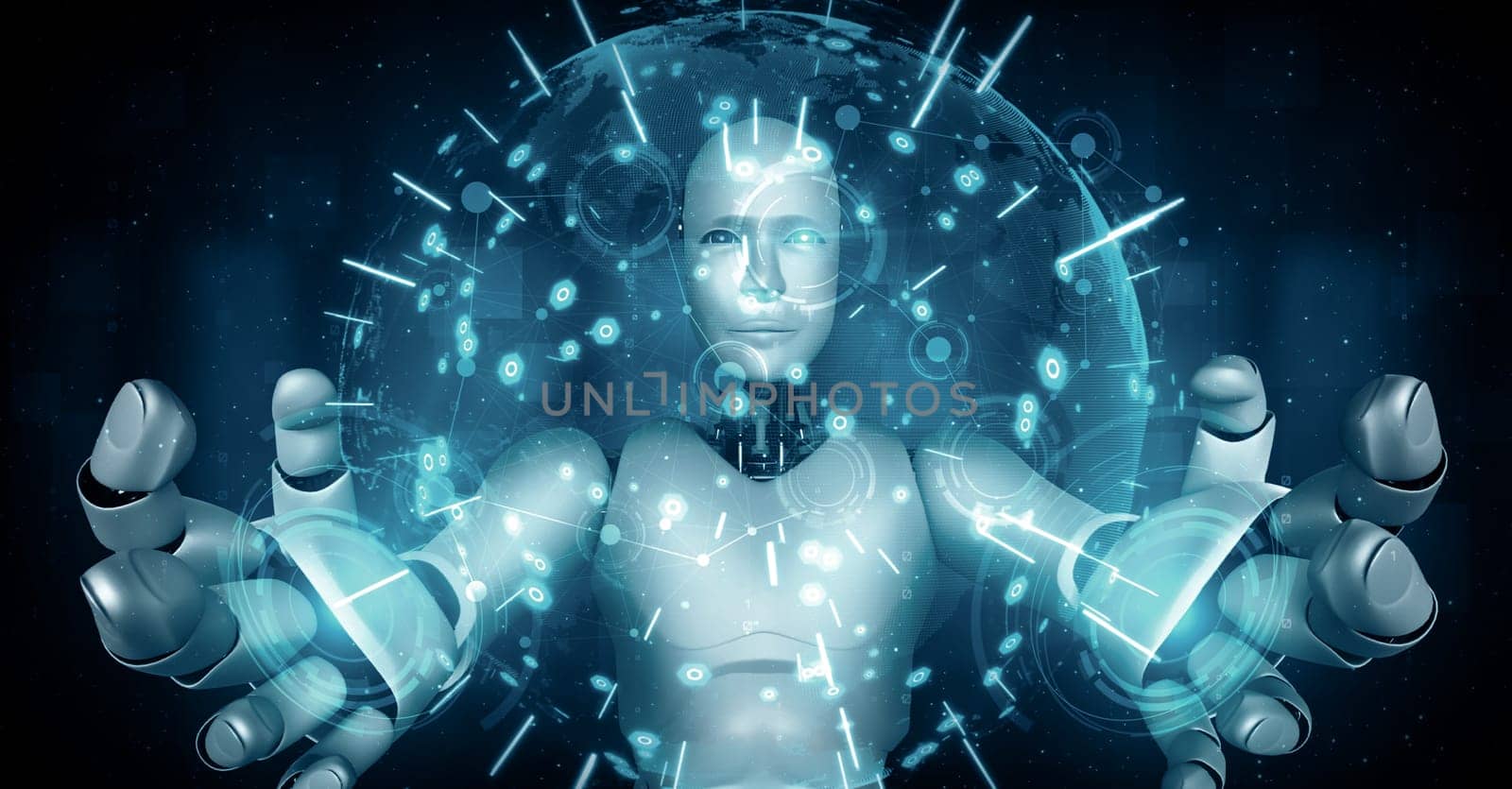 XAI 3d illustration AI hominoid robot holding hologram screen shows concept of global communication network using artificial intelligence thinking by machine learning process. 3D rendering computer graphic.