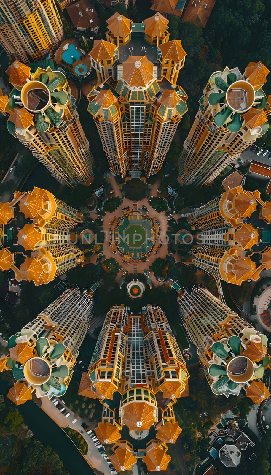 A mesmerizing aerial view of a cityscape resembling an intricate art painting by Nadtochiy