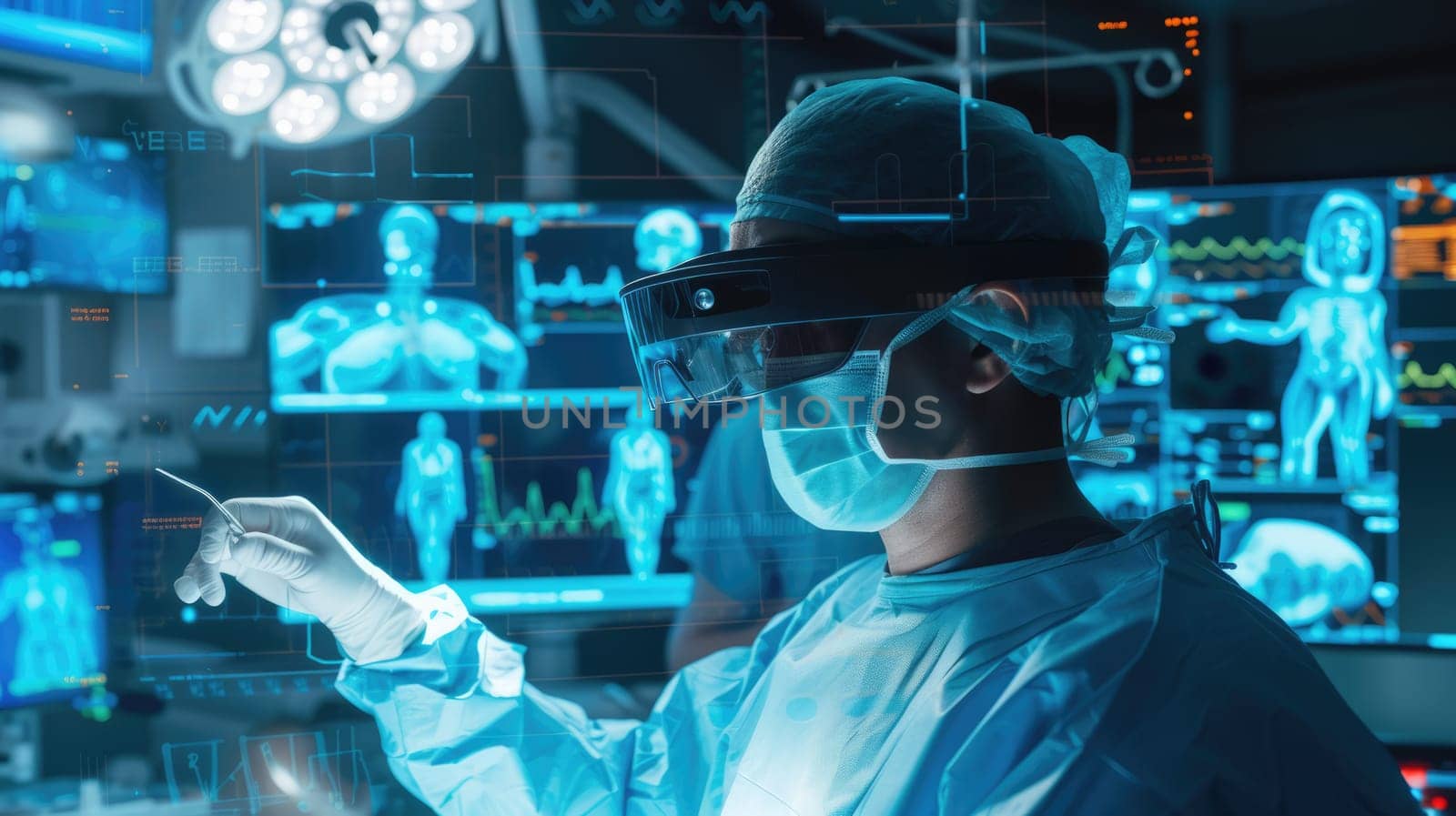 A surgeon, immersed in virtual reality, performs surgery on a patient in an electric blue-lit operating room, blending science, engineering, and the art of fiction. AIG41