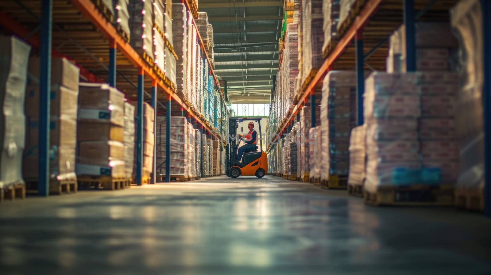 A man operates a forklift in a warehouse, transporting goods amidst shelves of building materials and wooden flooring. AIG41