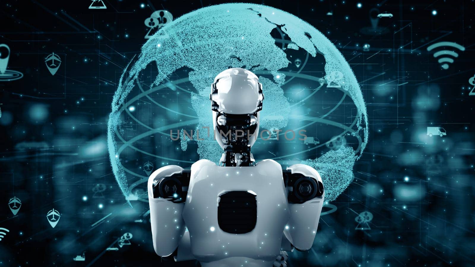 XAI 3d illustration Futuristic robot artificial intelligence huminoid AI transportation analytic technology development and machine learning concept. Global robotic science research for future of human. 3D rendering.