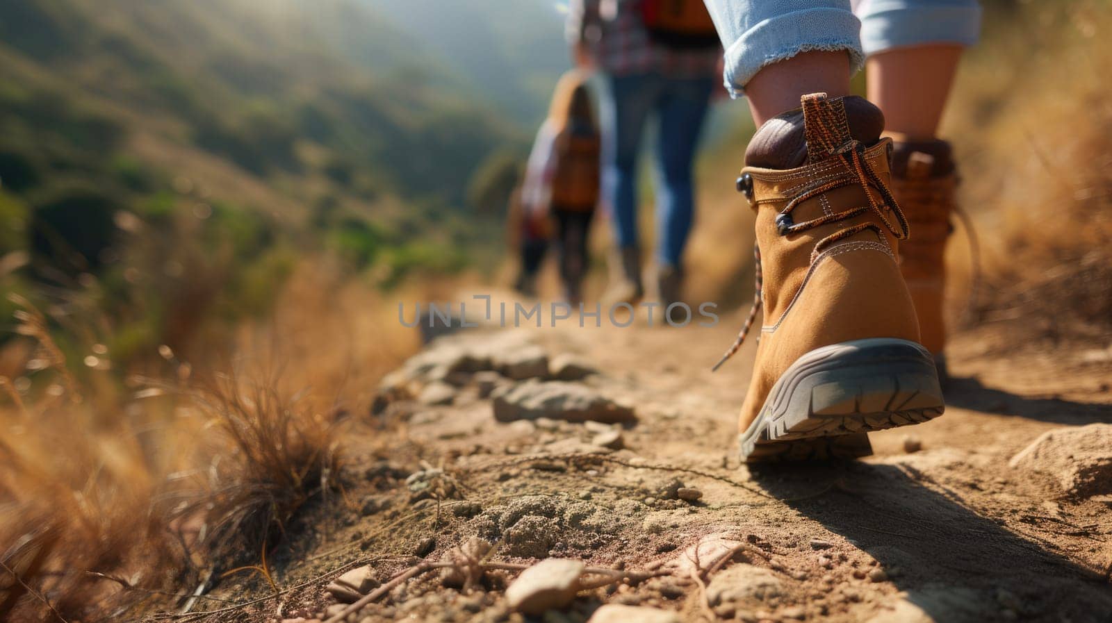 A person with hiking boots explores the natural landscape of a forest, walking along a woodland path. The vibrant electric blue sky complements the lush green scenery. AIG41