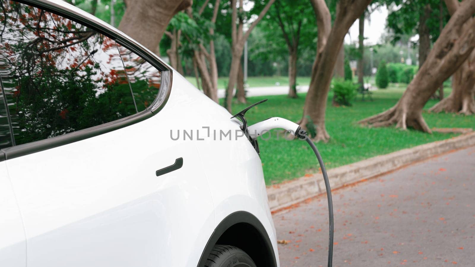 EV electric vehicle recharging battery from EV charging station in national park or outdoor forest scenic. Natural protection with eco friendly EV car travel in the summer woods. Exalt
