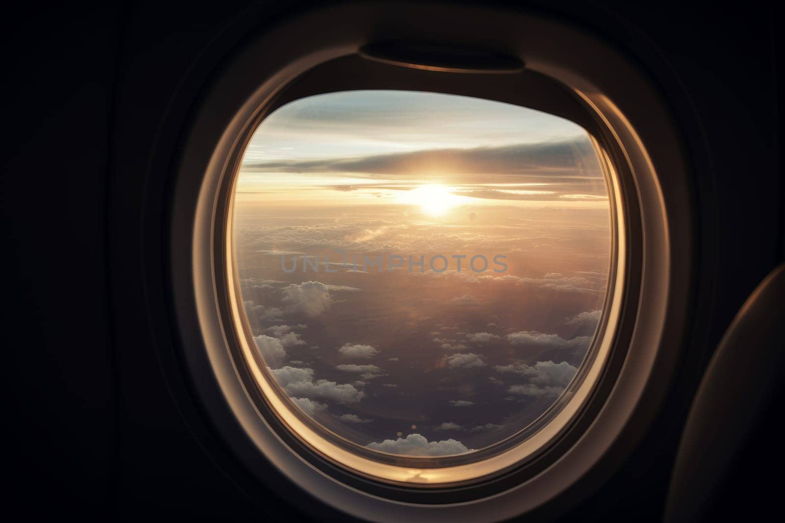 Airplane window sunset. Cabin travel. Generate Ai