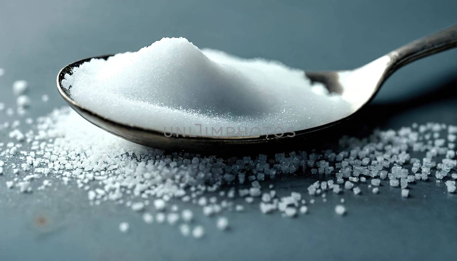 Sugar and salt in a spoon. Generative AI. High quality photo