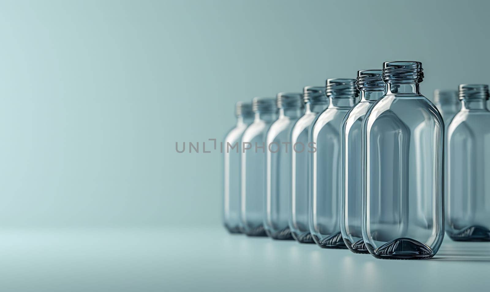 Empty transparent bottles without caps on a blue background. Selective soft focus.