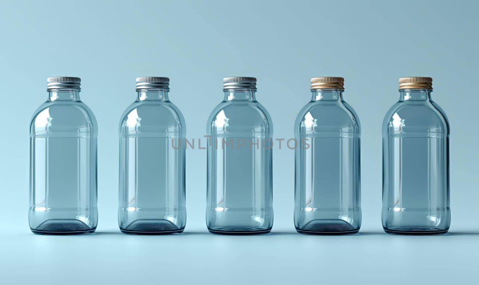 Empty transparent bottles with caps on a blue background. Selective soft focus.