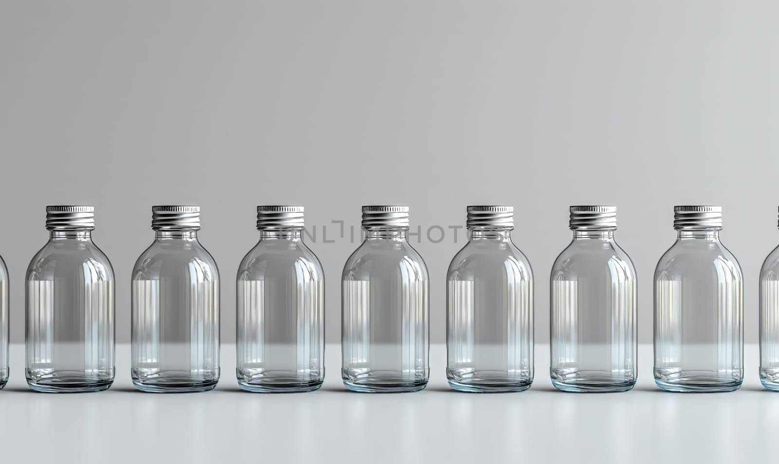 Empty transparent bottles with caps on a light background. by Fischeron