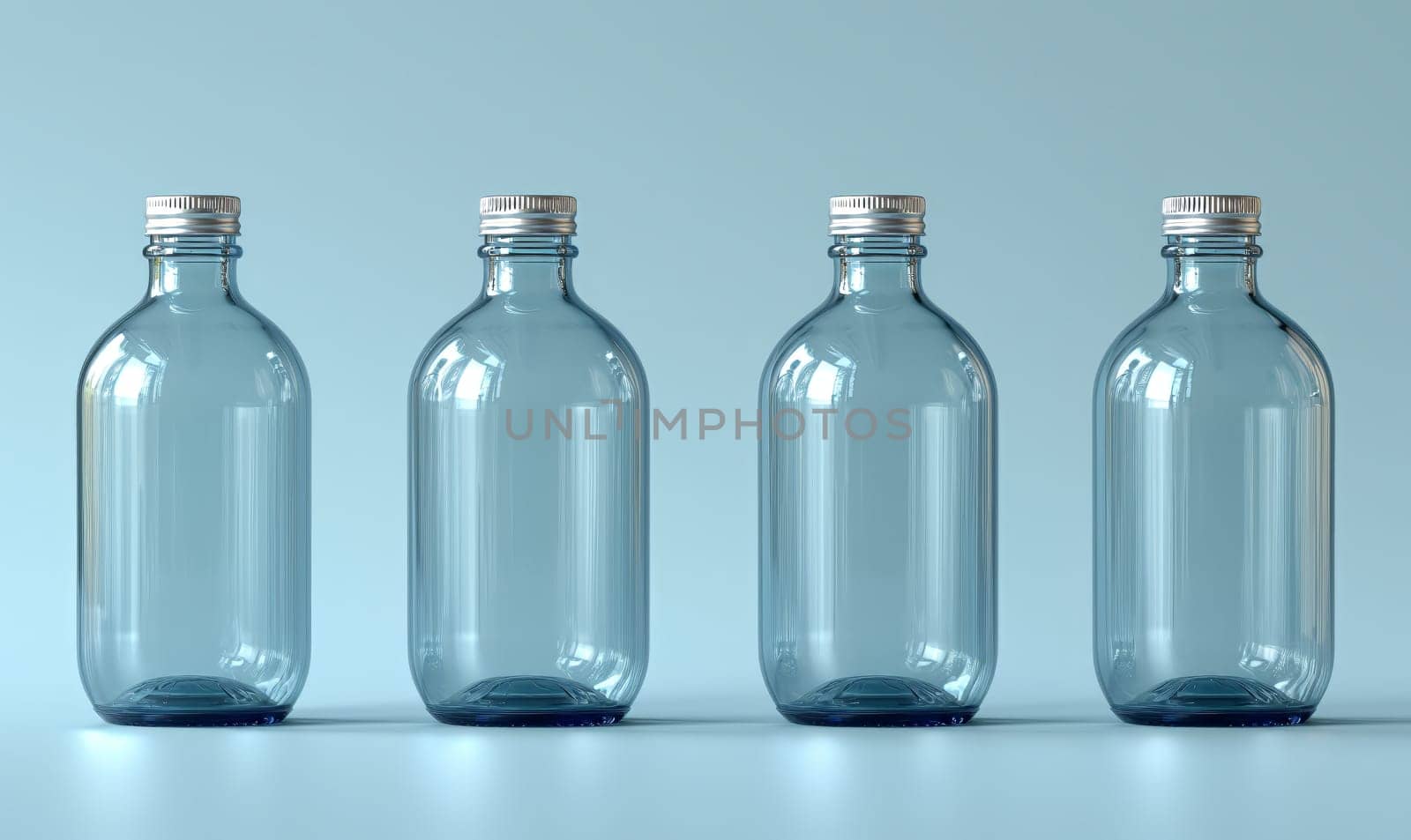 Empty transparent bottles with caps on a blue background. Selective soft focus.