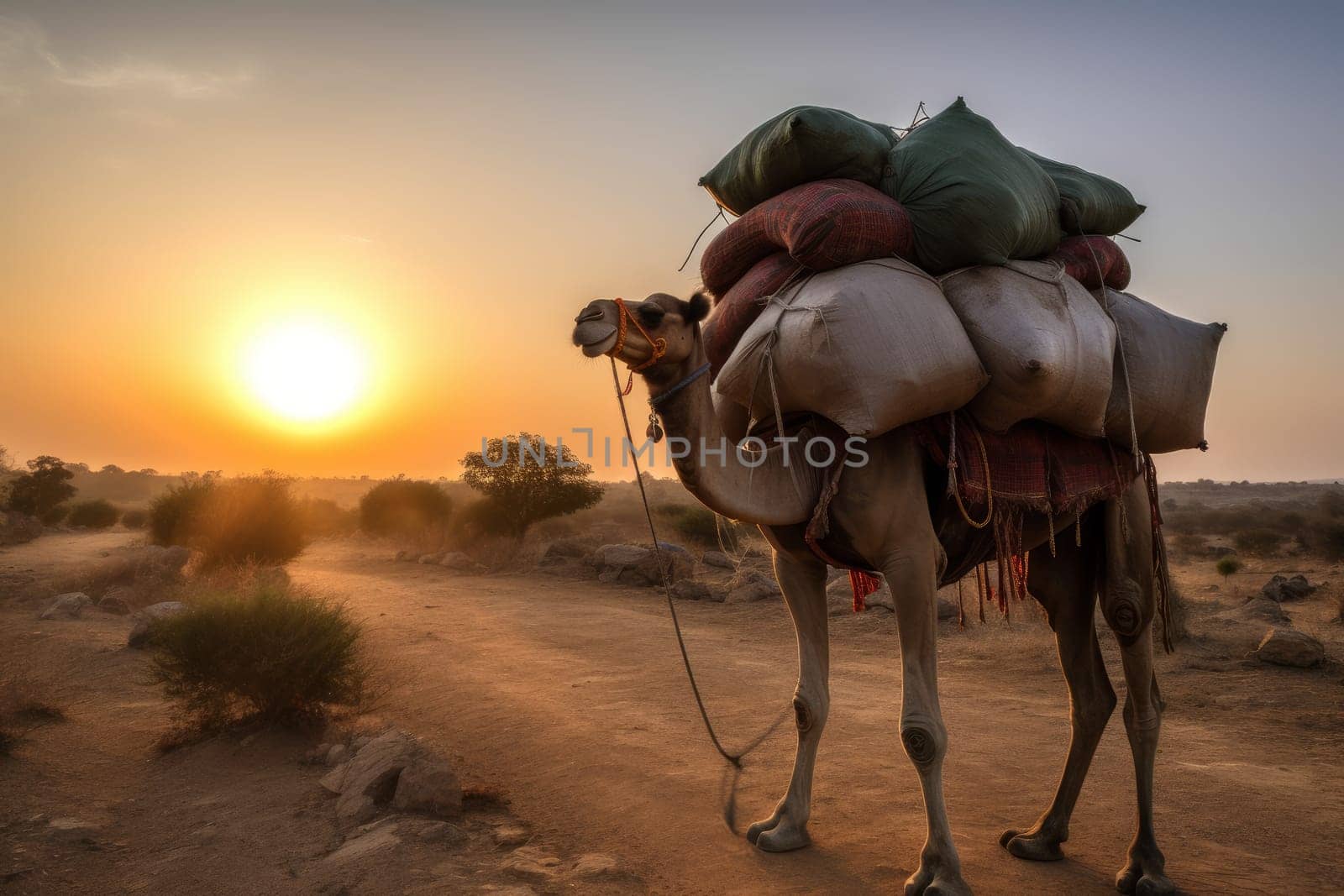 Camel carry load goods in desert. Travel dune. Generate Ai