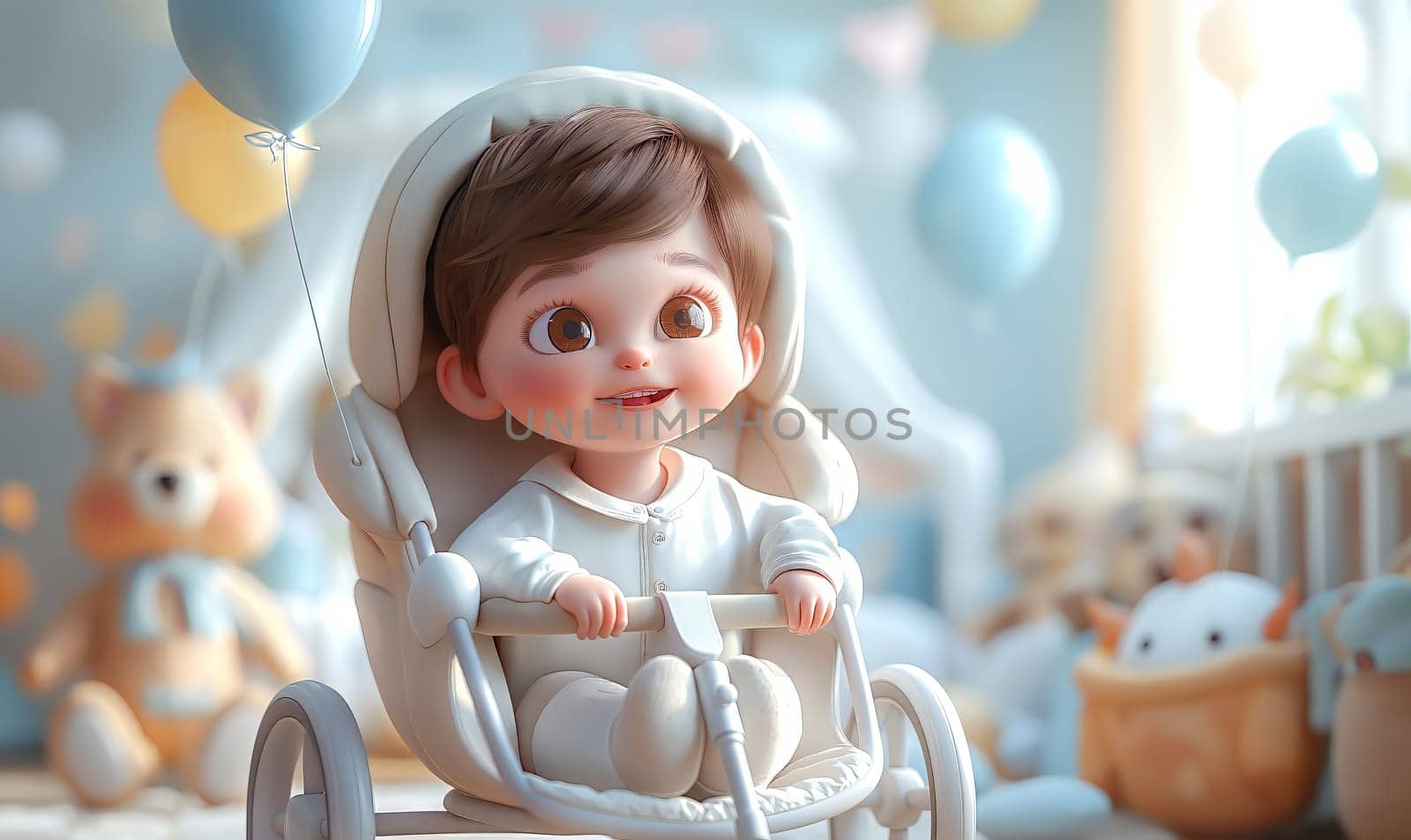 Illustration of a child sitting in a stroller in a room. Selective soft focus.