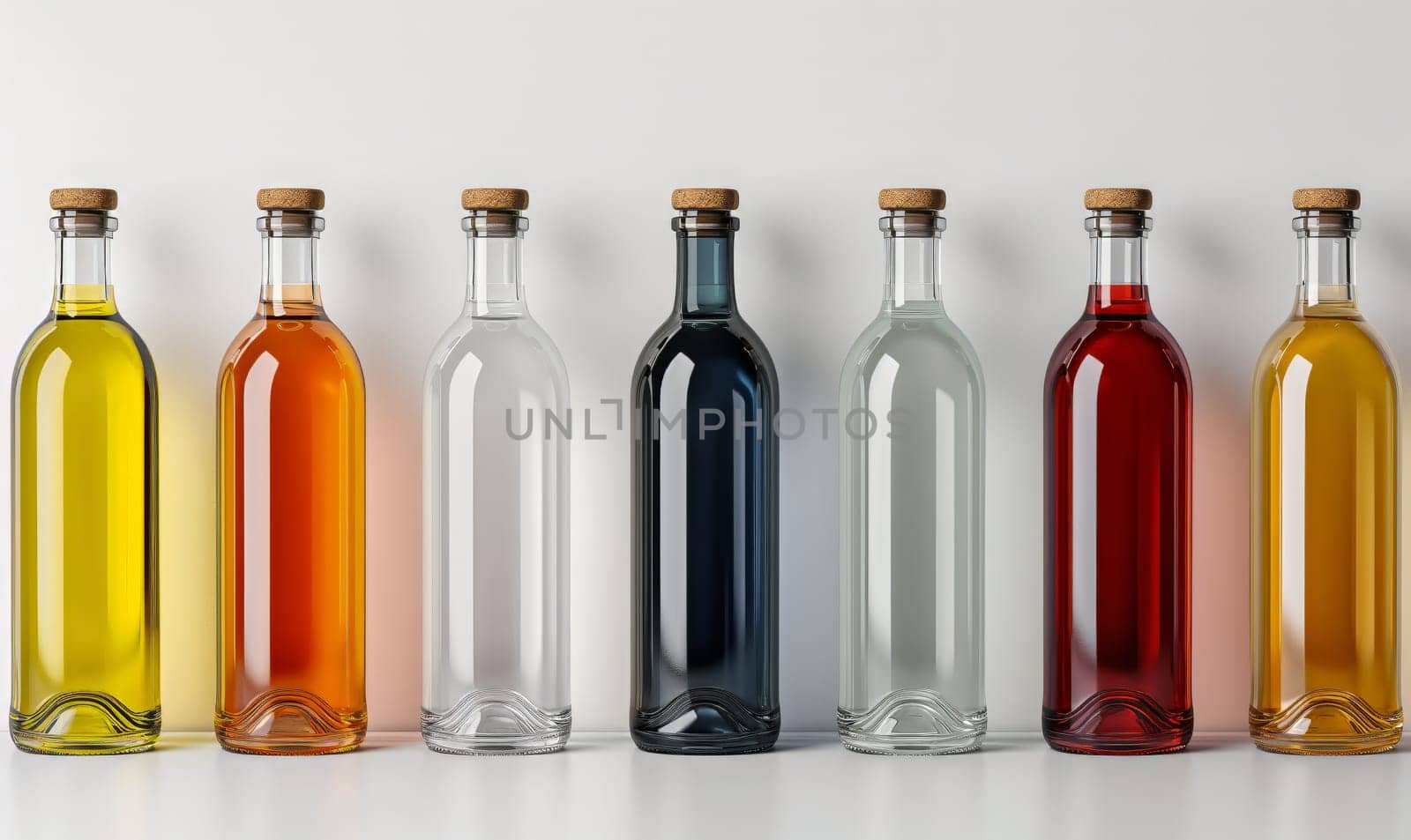Empty transparent bottles with caps on a light background. by Fischeron