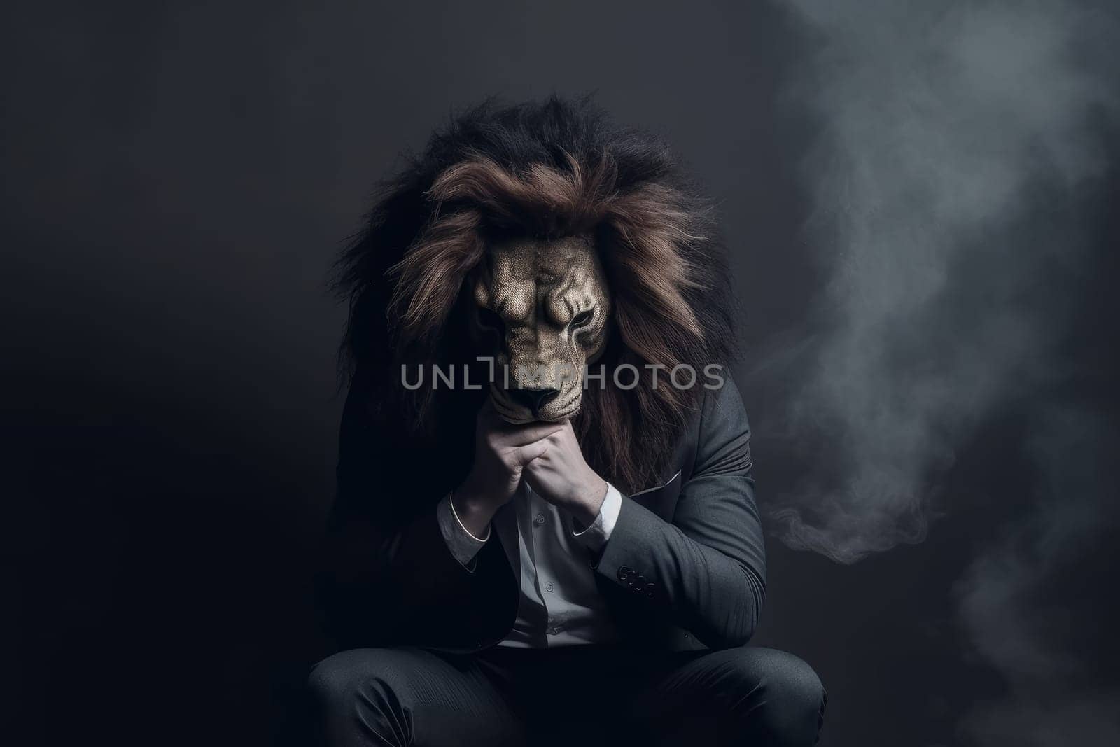 Sad business lion smoking. Model person. Generate Ai