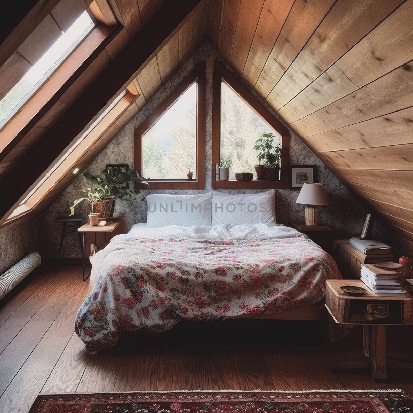 Cozy attic bedroom. House light. Generate Ai