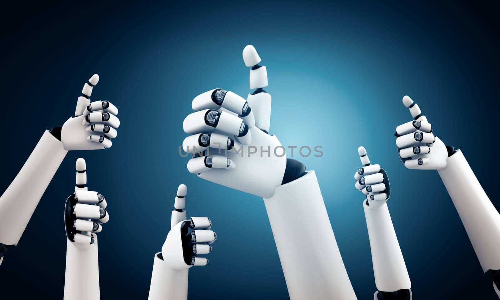 XAI 3d illustration Robot humanoid hands up to celebrate goals success achieved by using AI artificial intelligence thinking and machine learning process for the 4th industrial revolution. 3D illustration.