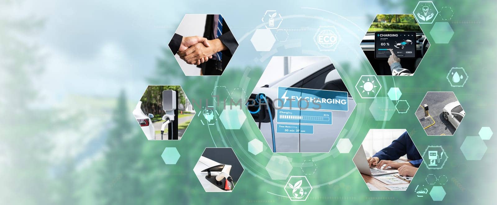 EV electric car vehicle charging and sustainable LCA green energy technology presented in panoramic banner photo collage showing eco friendly view of electric vehicle and hybrid car for future ESG