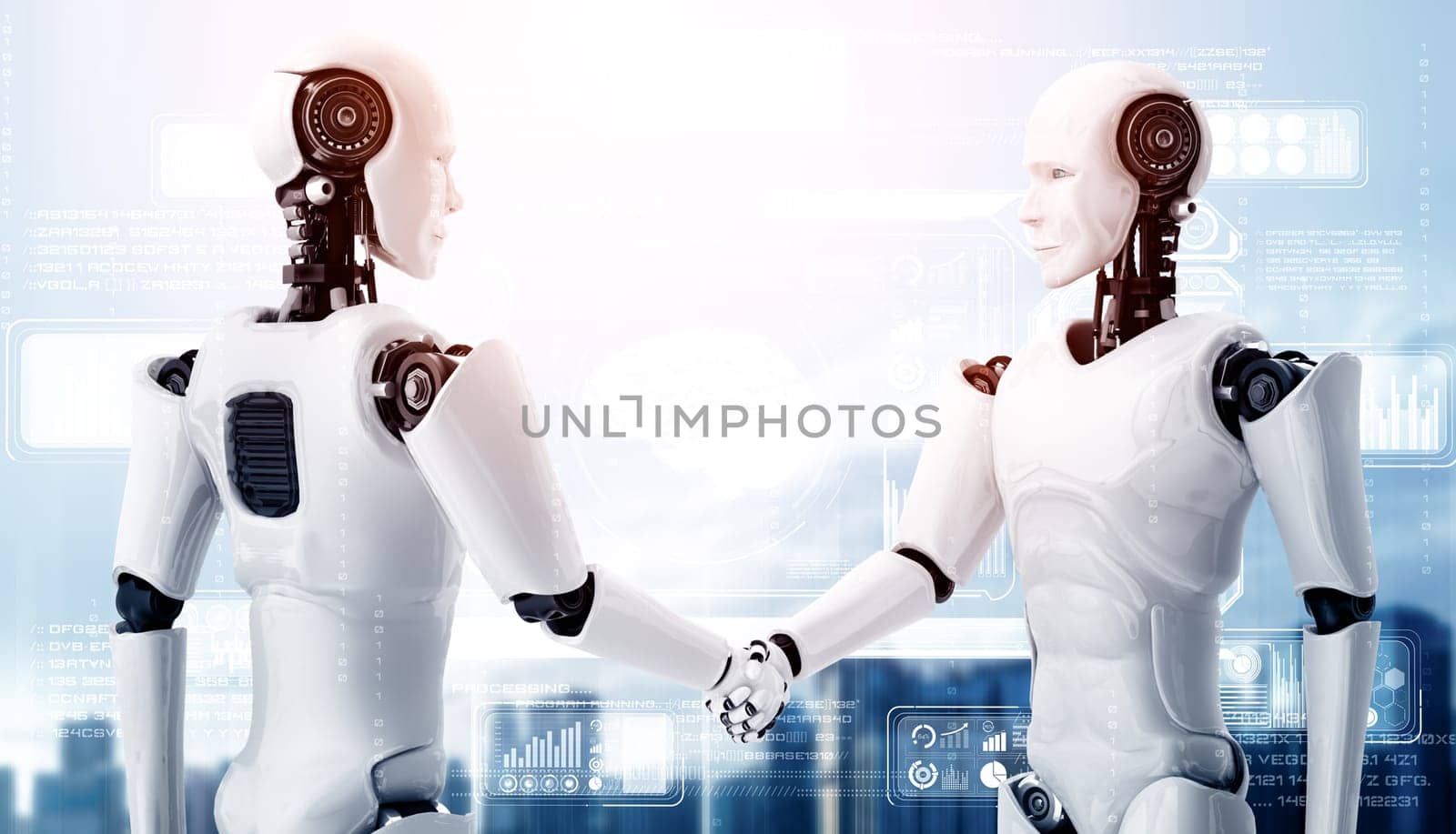 XAI 3d illustration humanoid robot handshake to collaborate future technology development by AI thinking brain, artificial intelligence and machine learning process for 4th industrial revolution.