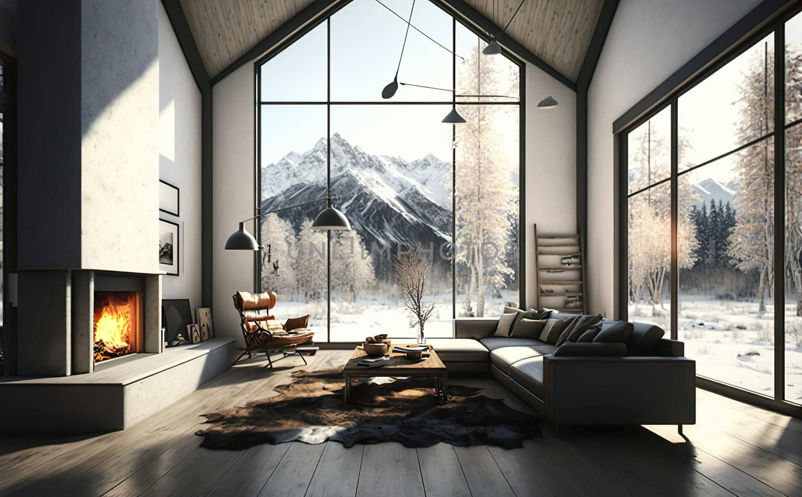 Modern Mountain Chalet - Cozy Fireplace Ambiance with Snow by Jyliana