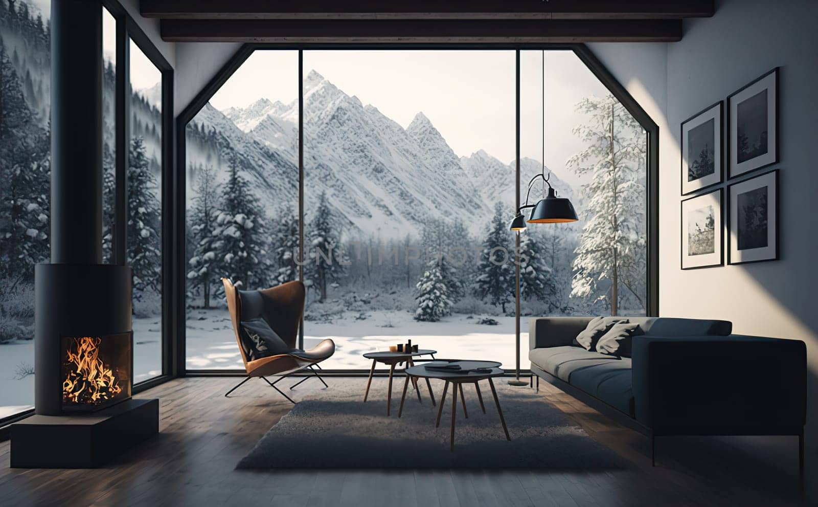 Modern black interior with cozy blanket and firewood on metal stand on background of big windows with view on mountains. Cozy warm and calm moments in chalet at cold season.