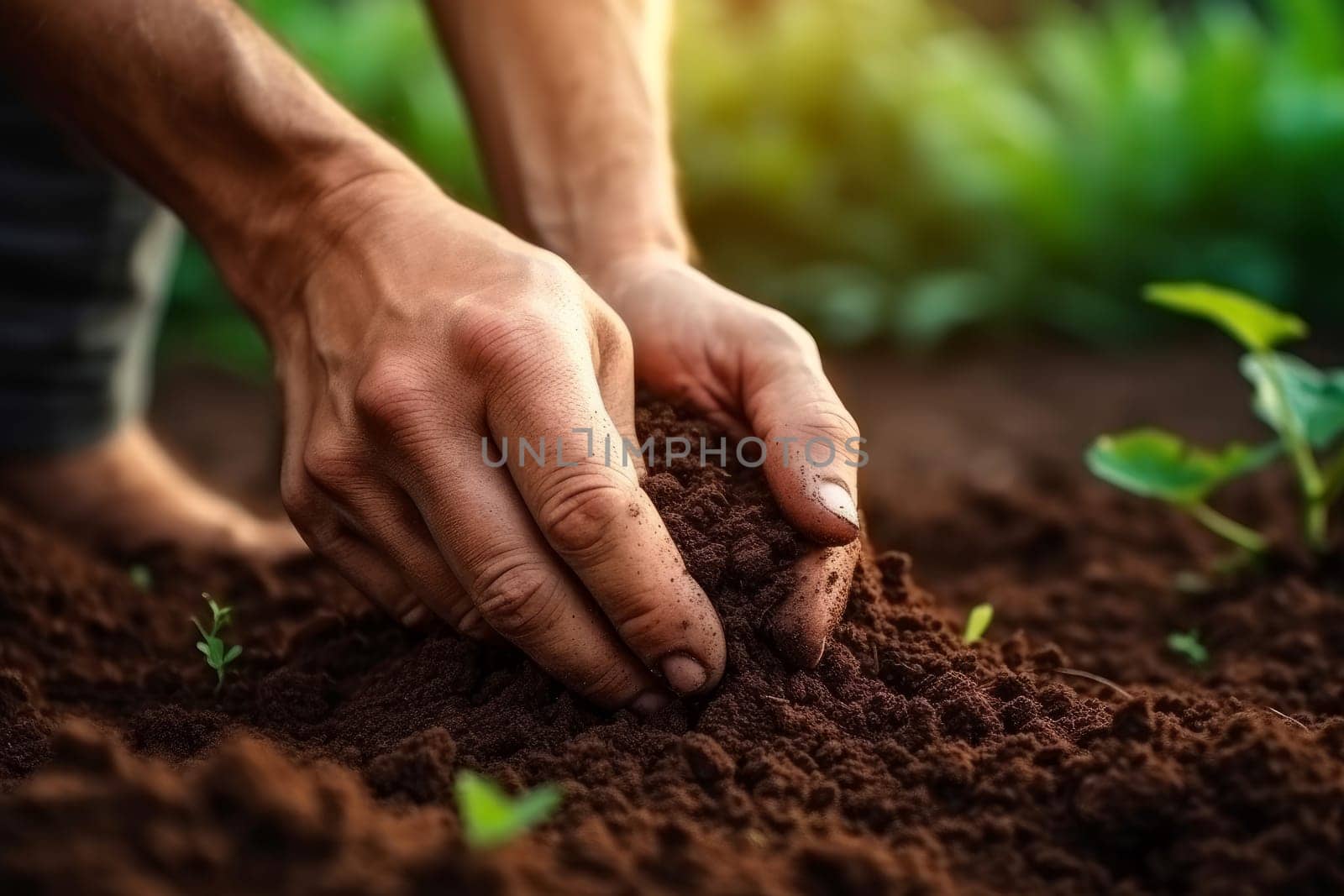 Farmer inspecting soil health. Ground nature. Generate Ai