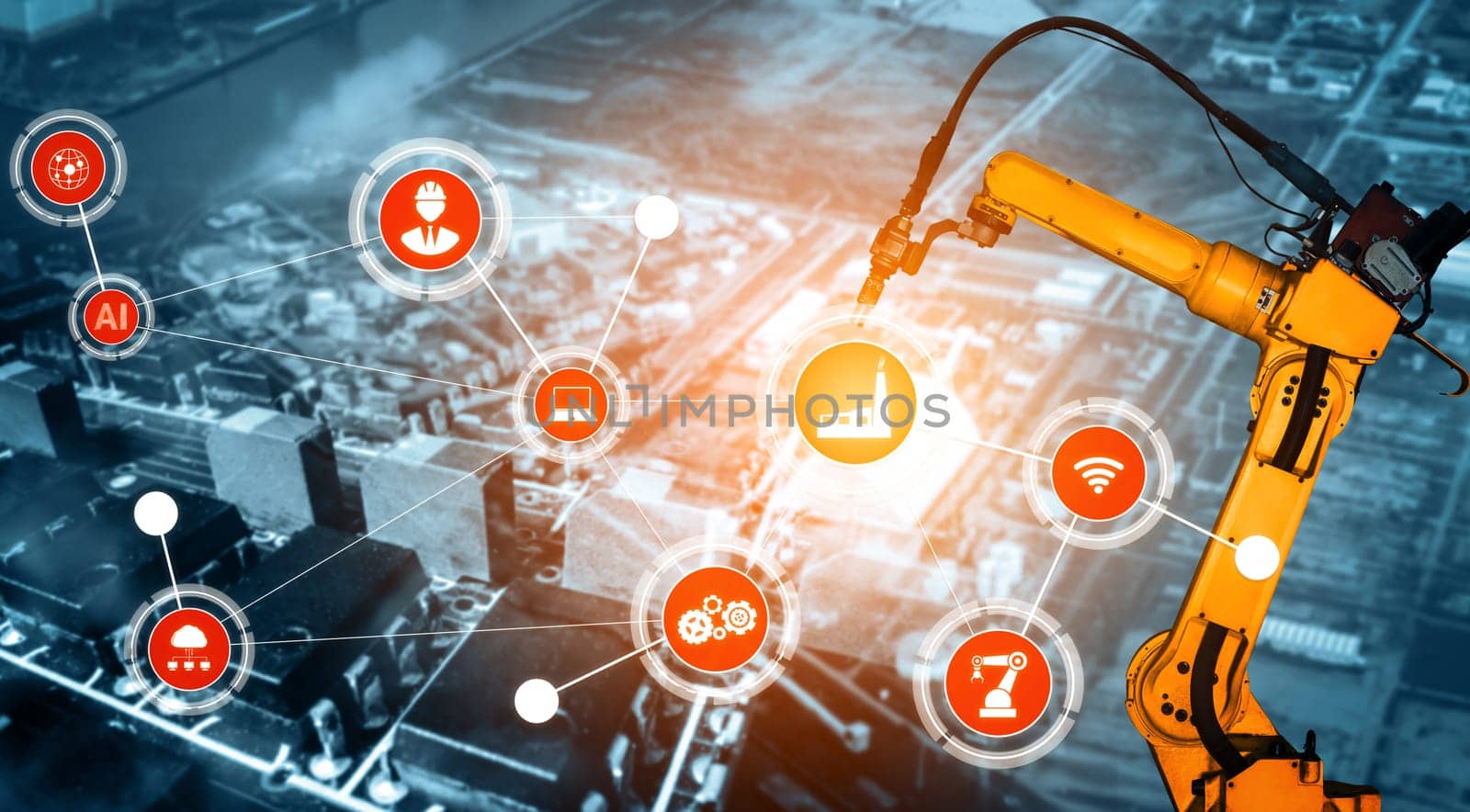 XAI Smart industry robot arms for digital factory production technology showing automation manufacturing process of the Industry 4.0 or 4th industrial revolution and IOT software to control operation.