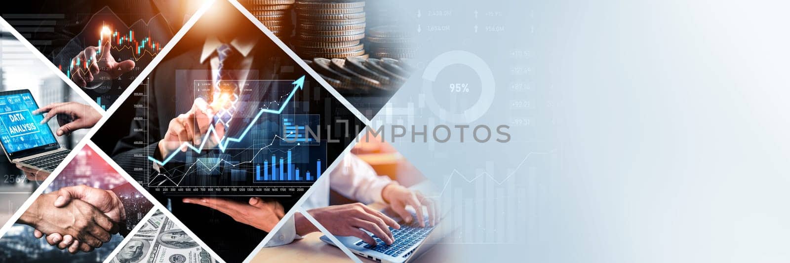 Futuristic business digital financial data technology concept for future big data analytic and business intelligence research for businessman analyst invest decisions making panoramic banner kudos