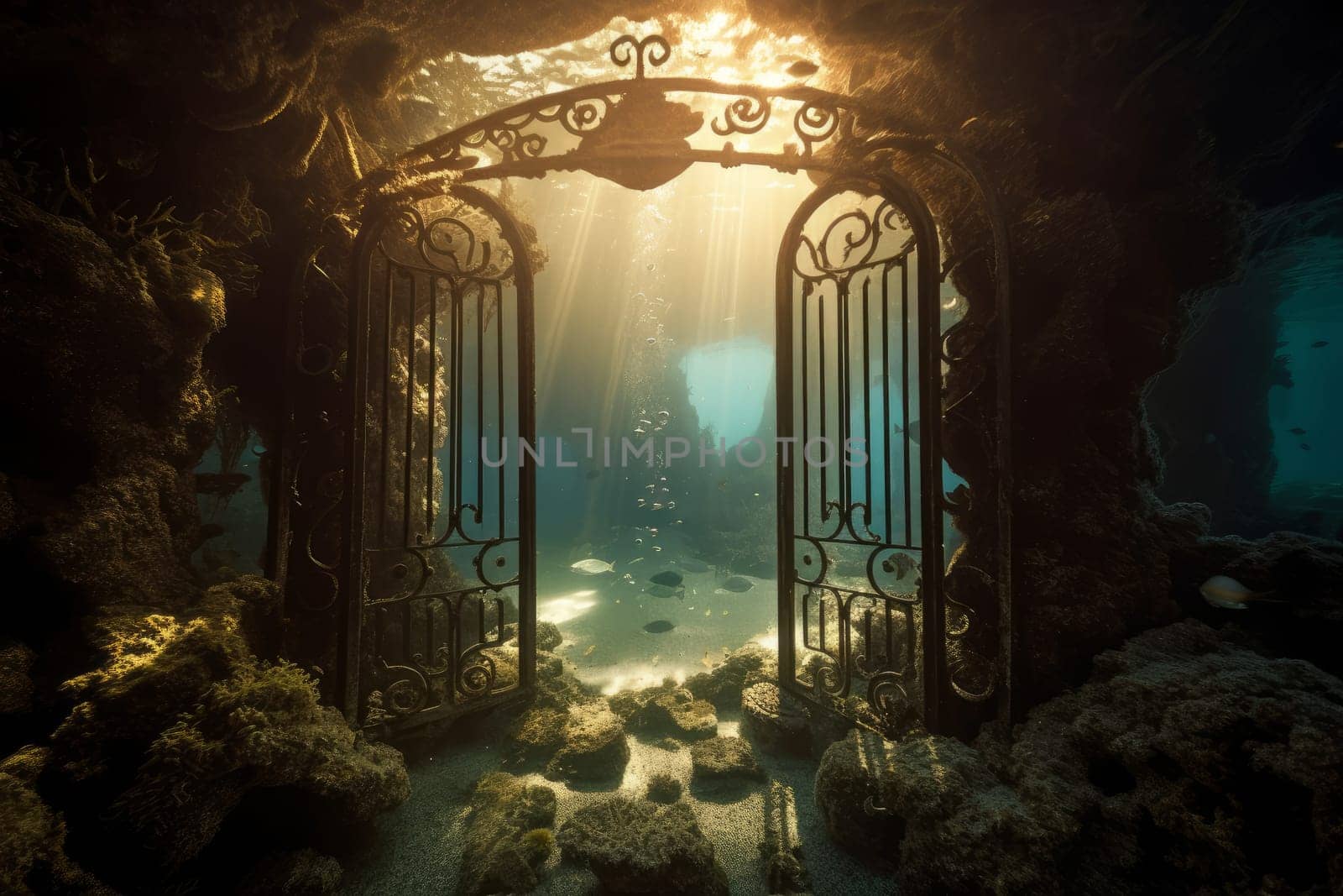 Underwater gates. Tropical blue cave. Generate Ai