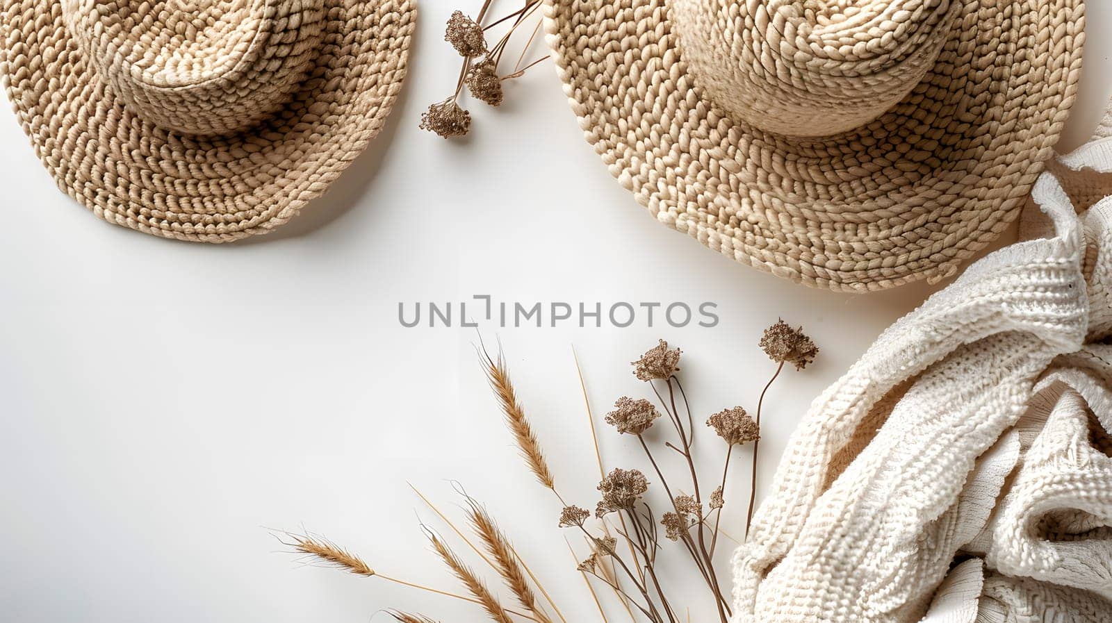 Outerwear accessories 2 straw hats, a scarf, dried flowers on white surface by Nadtochiy