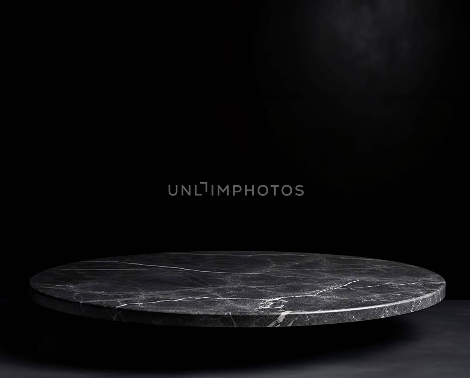 Empty round marble podium on black platform with black background for product display.