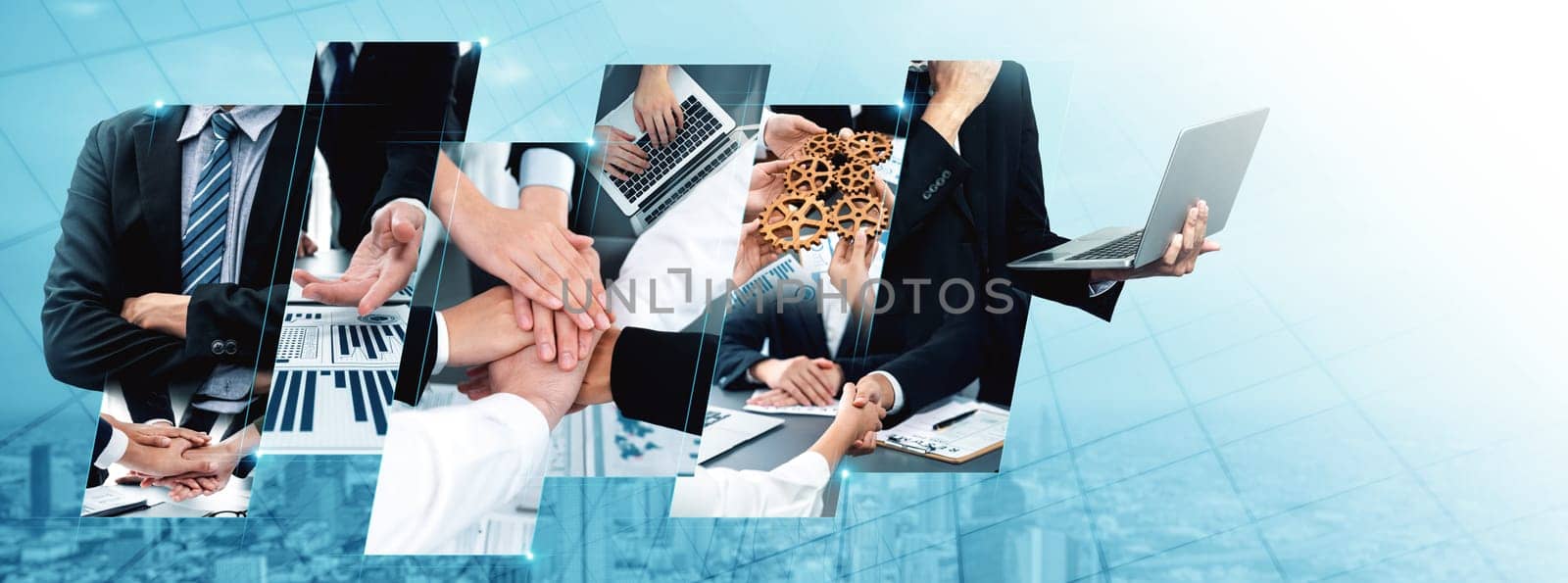 Teamwork and human resources HR management technology concept in corporate business with people group networking to support partnership, trust, teamwork and unity of coworkers in office vexel