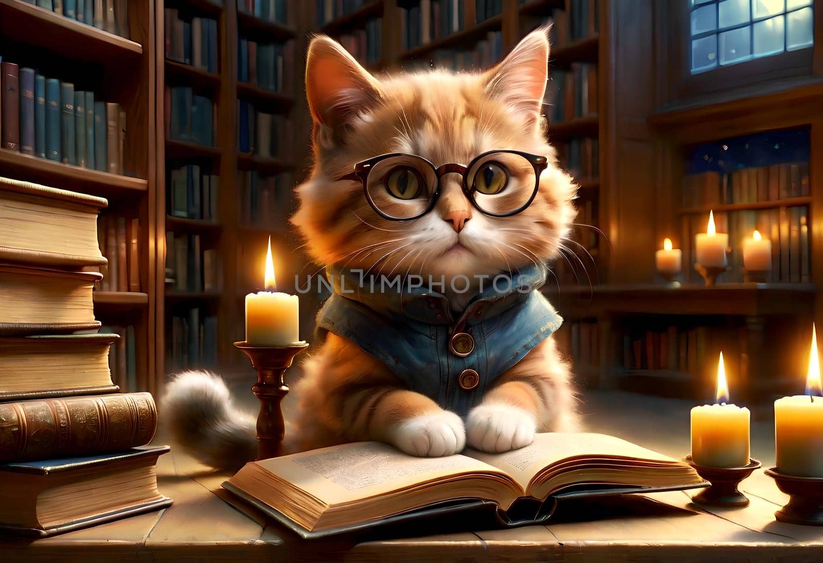 A smart cat with glasses reads a book in the evening in the library, a quiet evening by candlelight. by Rawlik