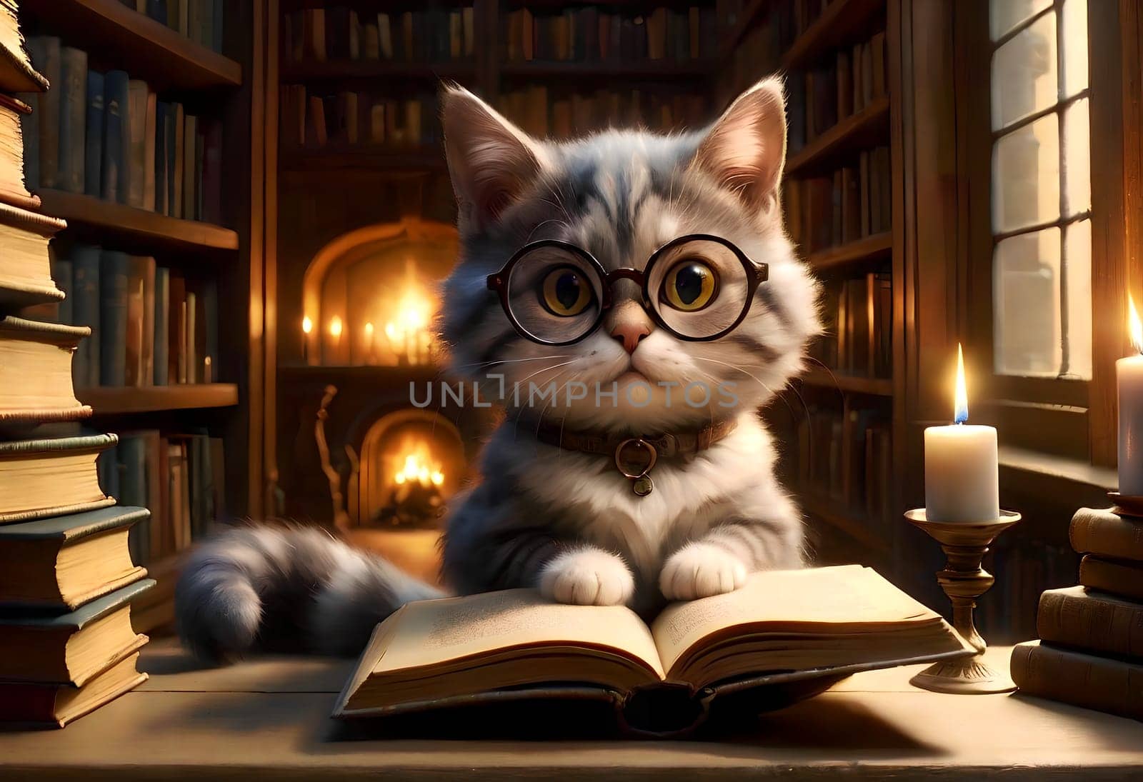 A smart cat with glasses reads a book in the evening in the library, a quiet evening by candlelight. by Rawlik