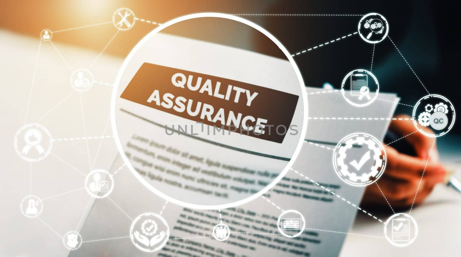 Quality Assurance and Quality Control Concept - Modern graphic interface showing certified standard process, product warranty and quality improvement technology for satisfaction of customer.