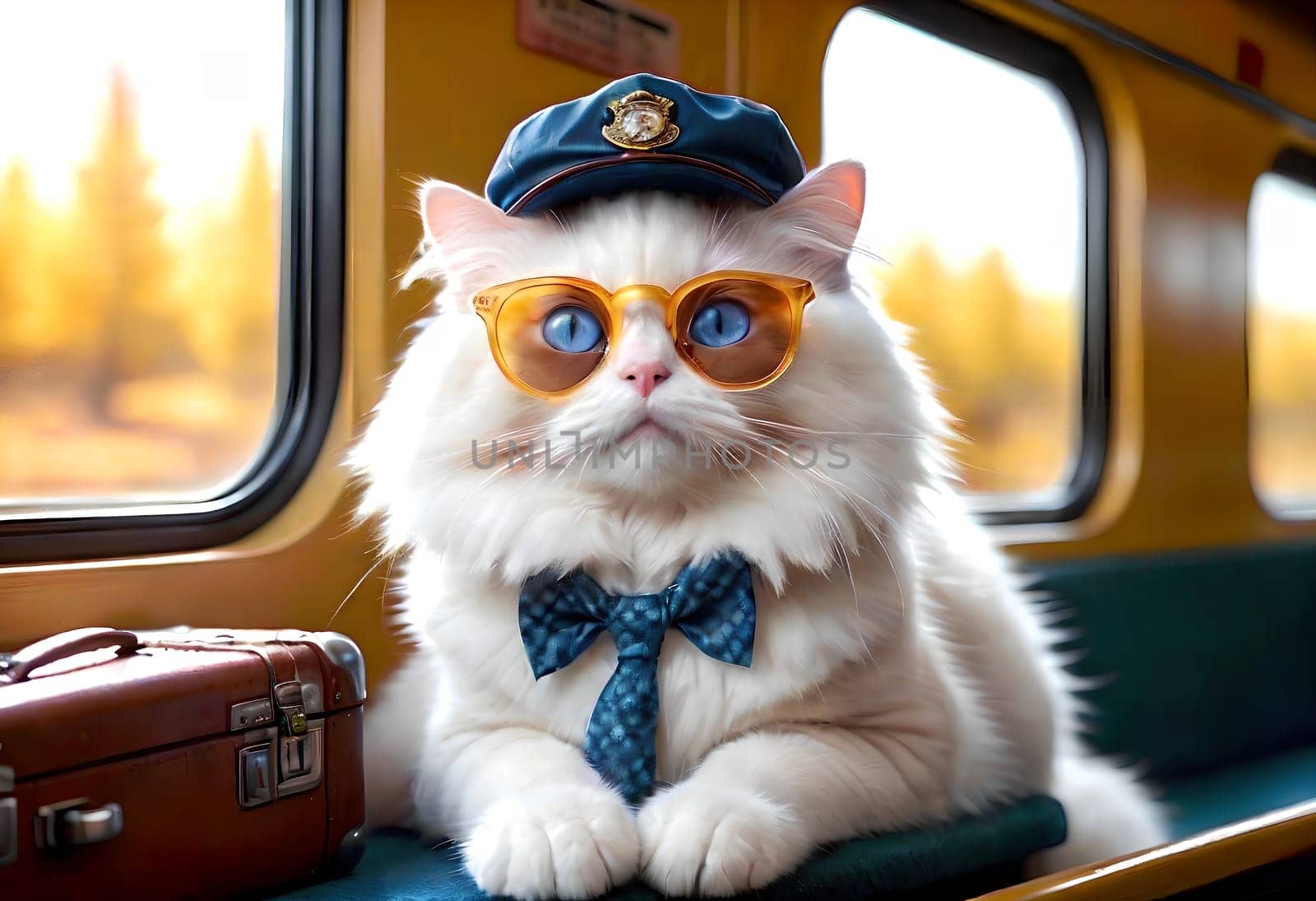 A beautiful Ragdoll cat travels with a suitcase on the train. AI generated image.
