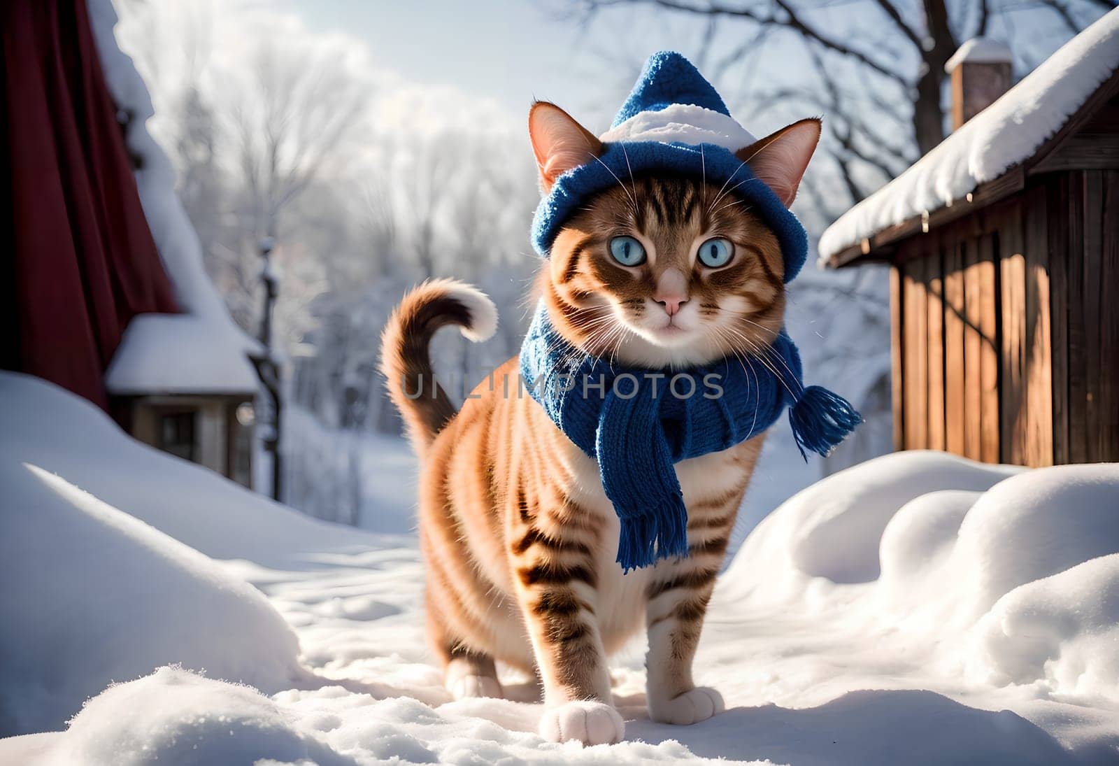 The cat is walking outside on a winter day, dressed warmly. AI generated image.