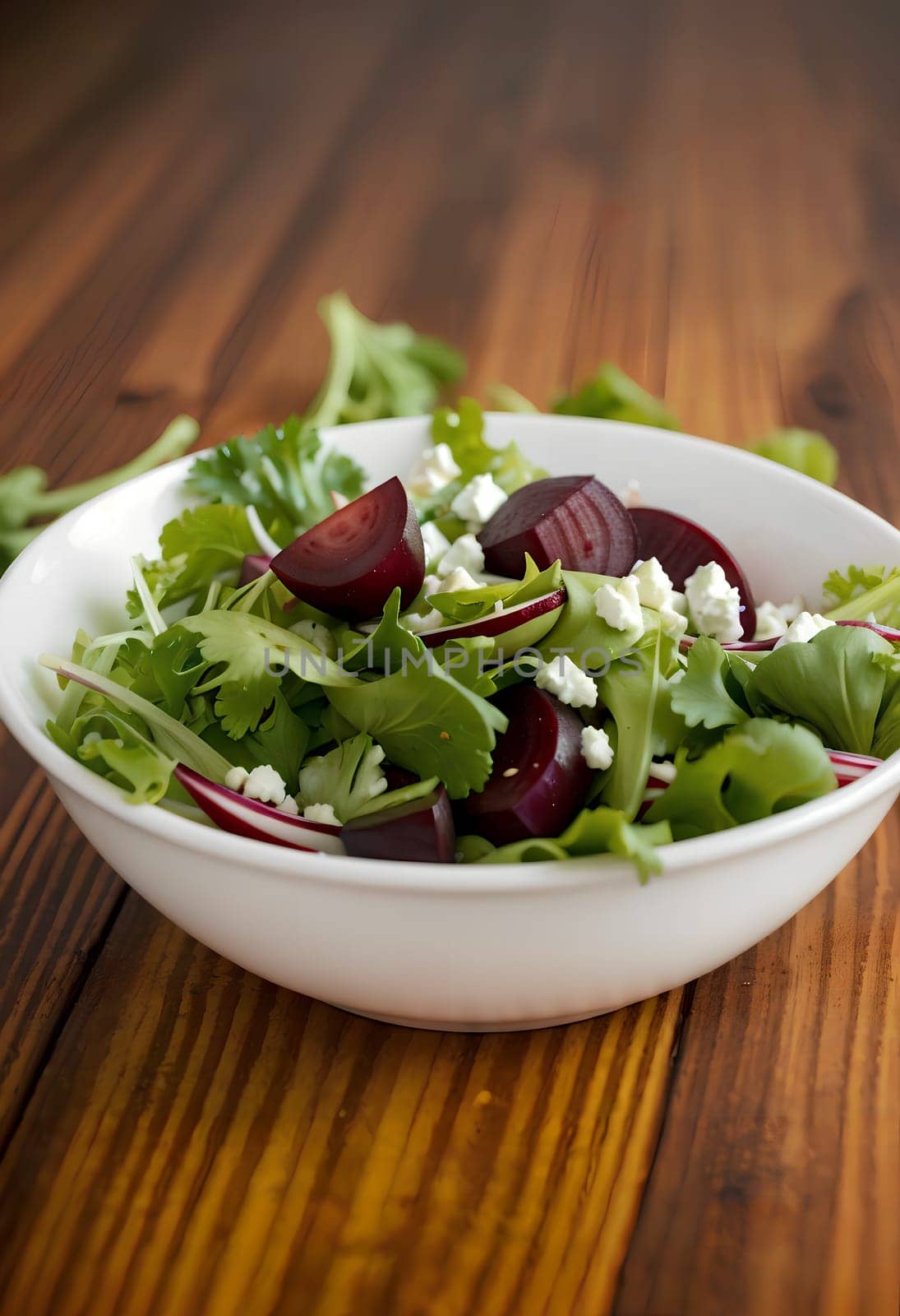 spring salad with boiled beets, lettuce leaves and herbs in a bowl on a wooden table. AI generated image.