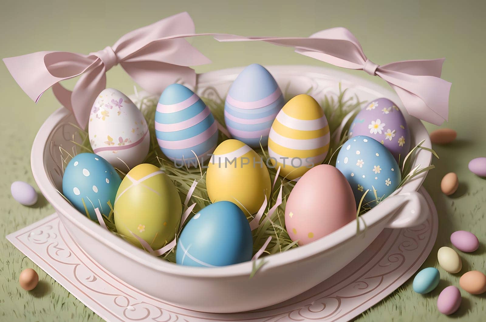 Easter card with painted colored eggs. AI generated image.