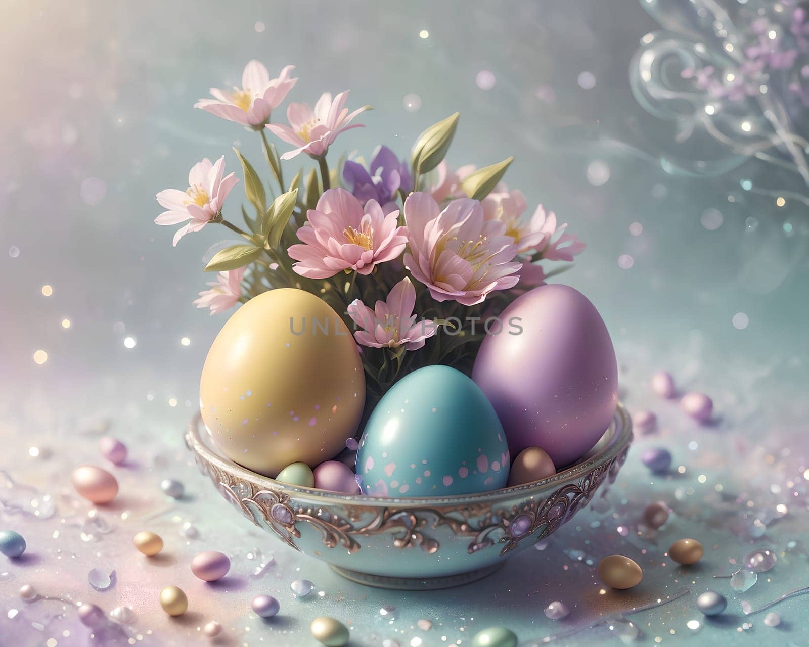 Easter colored eggs with designs and flowers on a blue background. Abstract background. AI generated image.