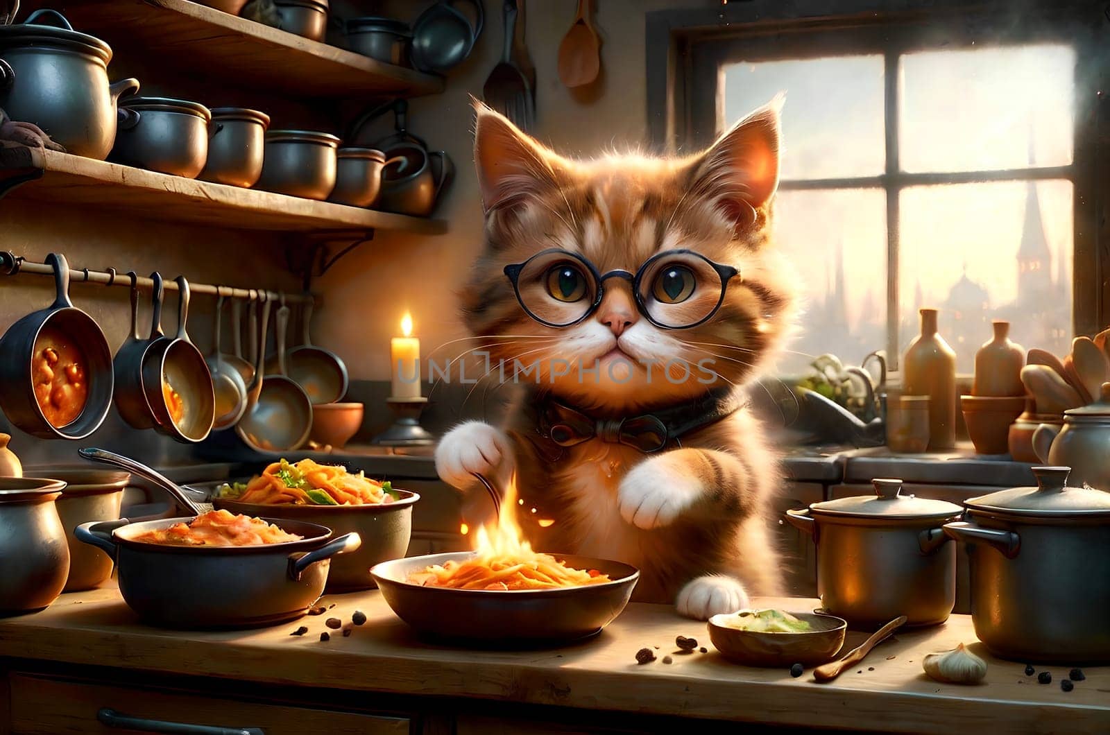 housewife cat in the kitchen preparing food. Image generated by AI.