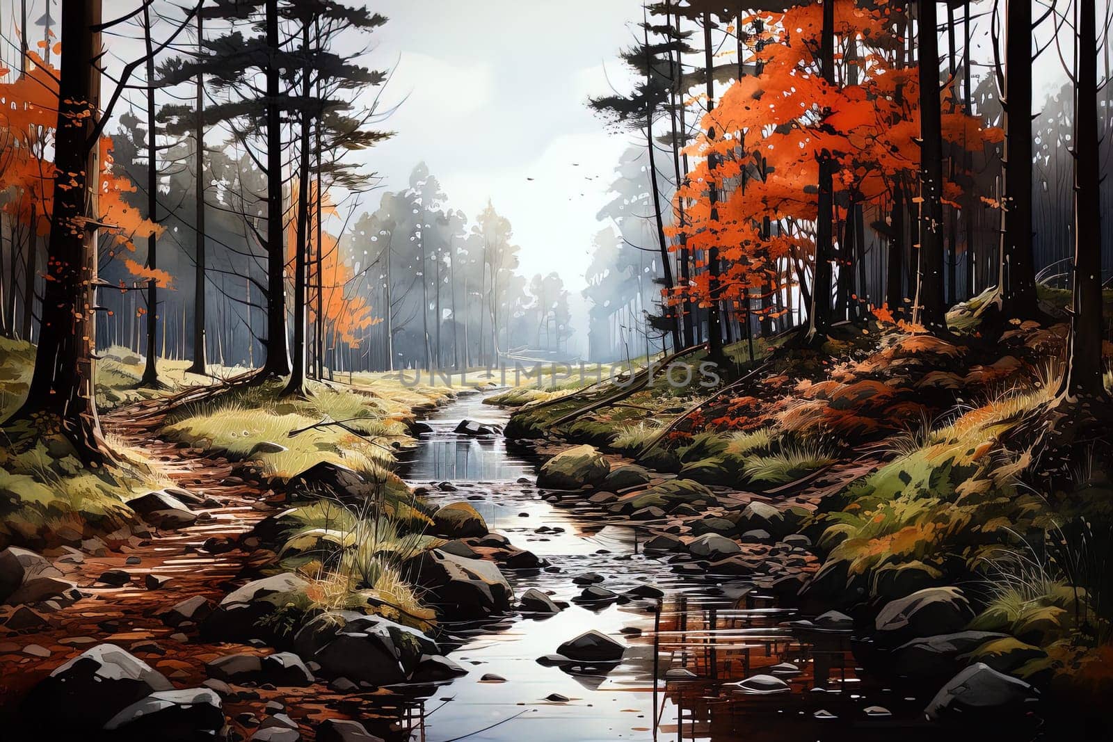 Autumn watercolor landscape background. Ai generative art by Dustick
