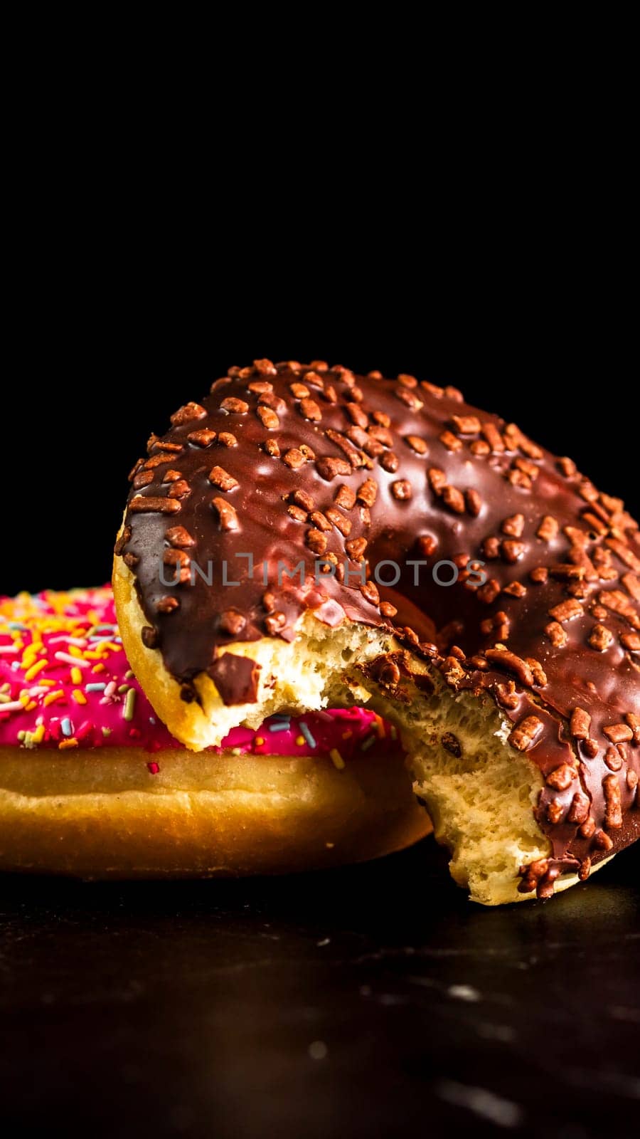 Fresh tasty colored donuts with sprinkles on black background by vladispas