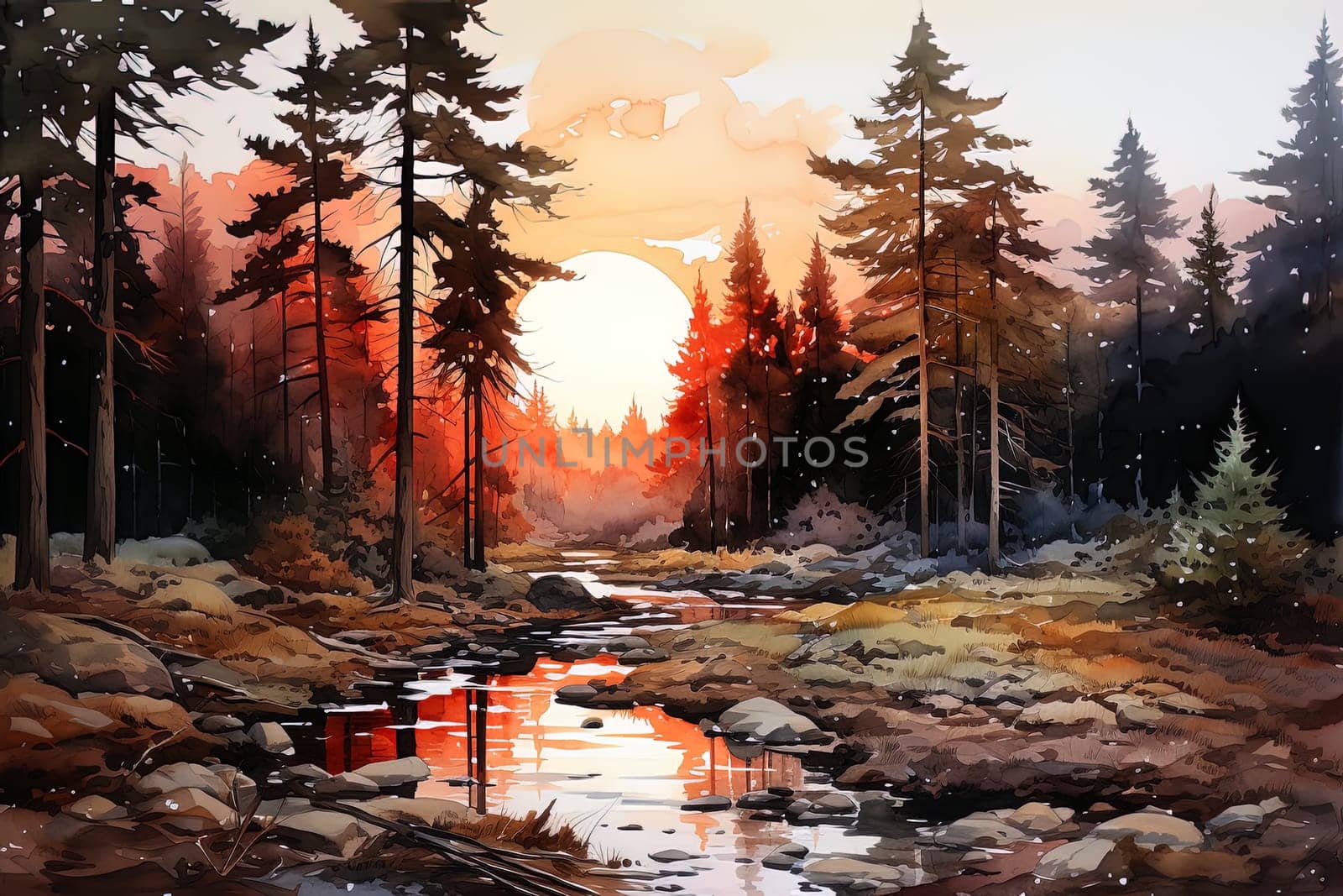 Autumn watercolor landscape background. Ai generative art by Dustick